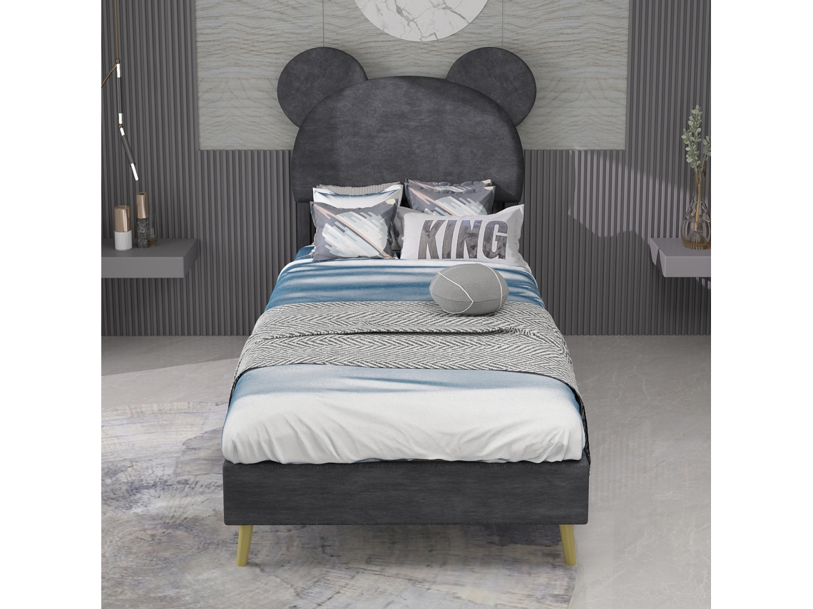 Cama Infantil 90x200 Cabeceira Desenho Animado Cinza Sem Arrumação