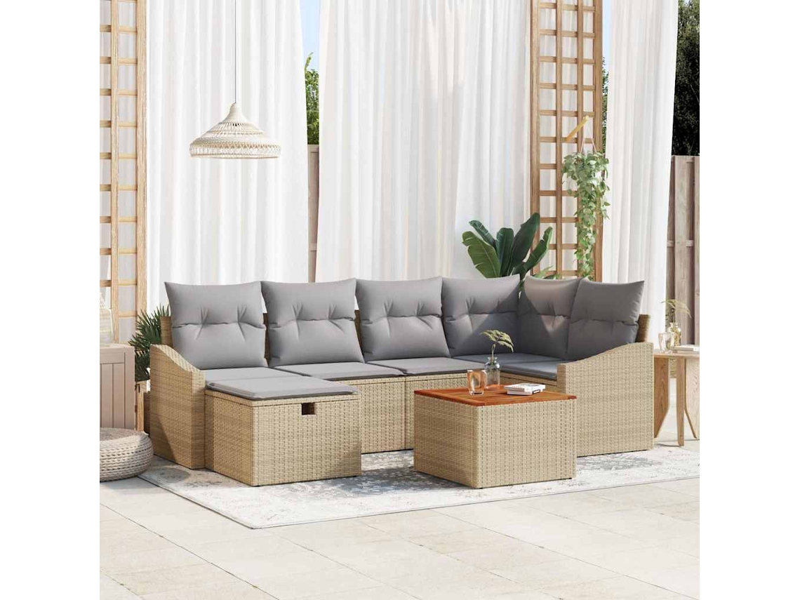 Vidaxl Conjunto De Sofá De Jardim 7 Unid. Bege Vime Pe