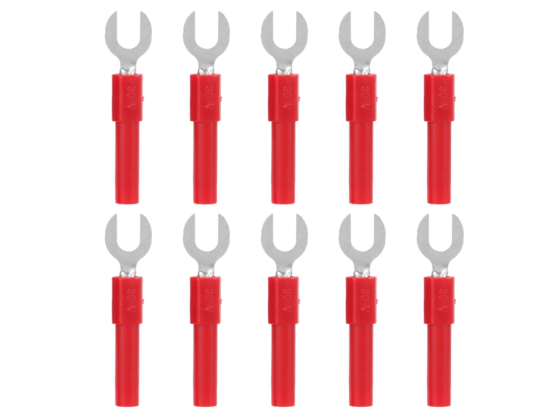 10 conectores Fio Garfo Latão 6mm tipo Y Buraco 4mm plugue banana 30vac 60vdc 10a vermelho