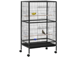Gaiola De Pássaros Com 4 Rodas Viveiro De Metal Com Várias Portas 4 Bebedores 2 Poleiros 79x52x137cm Preto