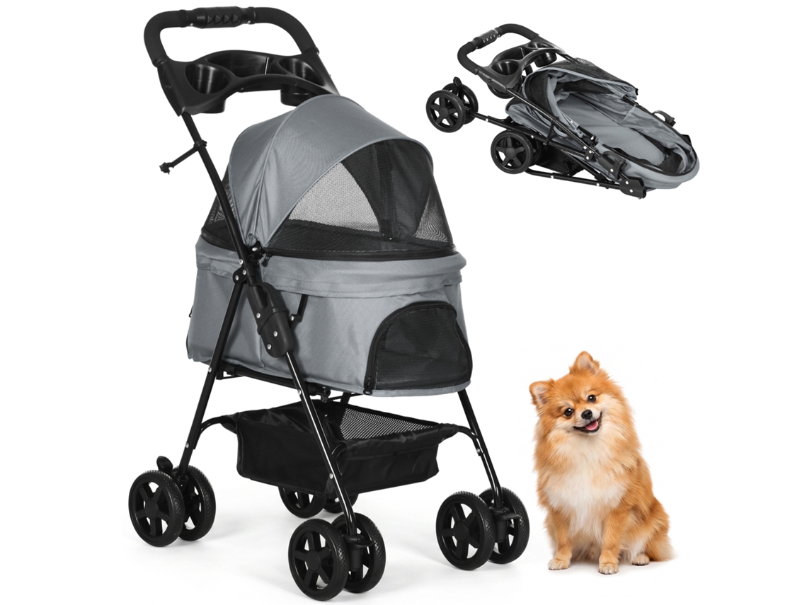 Carrinho Pet Leve Dobrável, Rodas Giratórias, Guia Segurança E Cesto, 67x45x96cm, Cinza