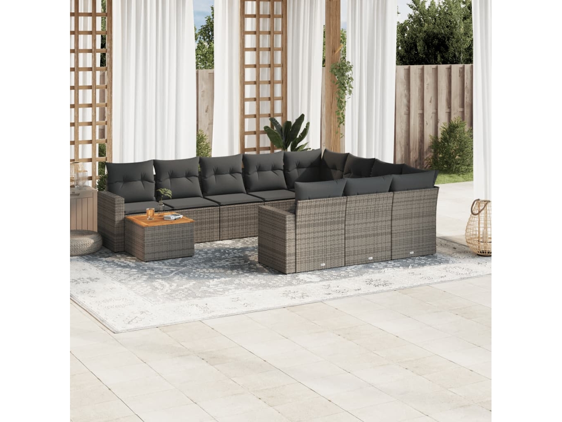 Vidaxl 11 Pcs Conjunto Sofás De Jardim C/ Almofadões Vime Pe Cinzento