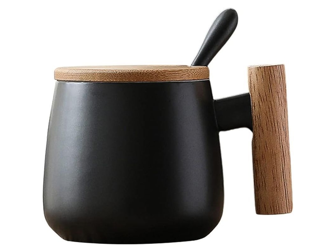Caneca de cerâmica Rebe para café e chá com tampa e colher, ideal para bebidas com leite (preta)