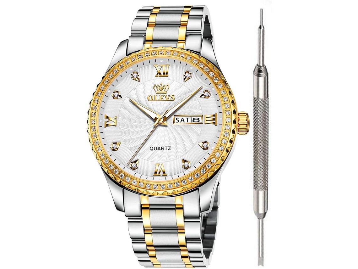 Lurelia Relógio Masculino, Movimento De Quartzo, Analógico, Data/calendário, Detalhes Com Strass, 40 Mm, 11 Mm, 20 Mm, Aço Inoxidável, Branco
