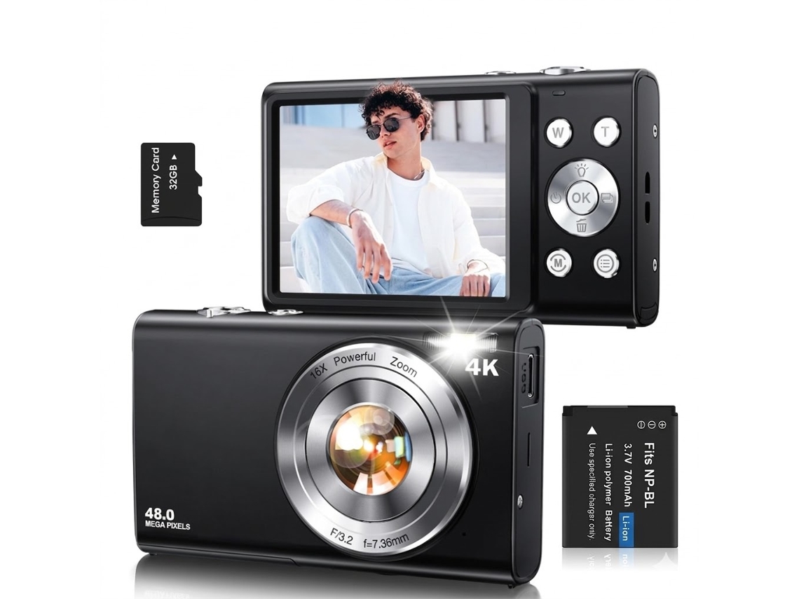 Câmera Digital 4k Ultra Hd 48mp Auto Foco Tela Ips 2.8" Presente Para Meninos Meninas Estudantes (preto)