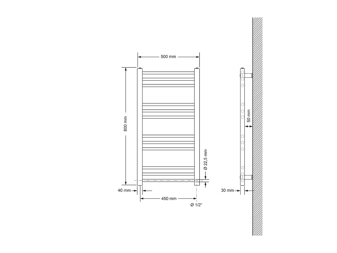 Radiador Elétrico de Casa de Banho com Elemento de Aquecimento 300W 500X800 Mm Branco Direito com Ligação Lateral LUXEBATH