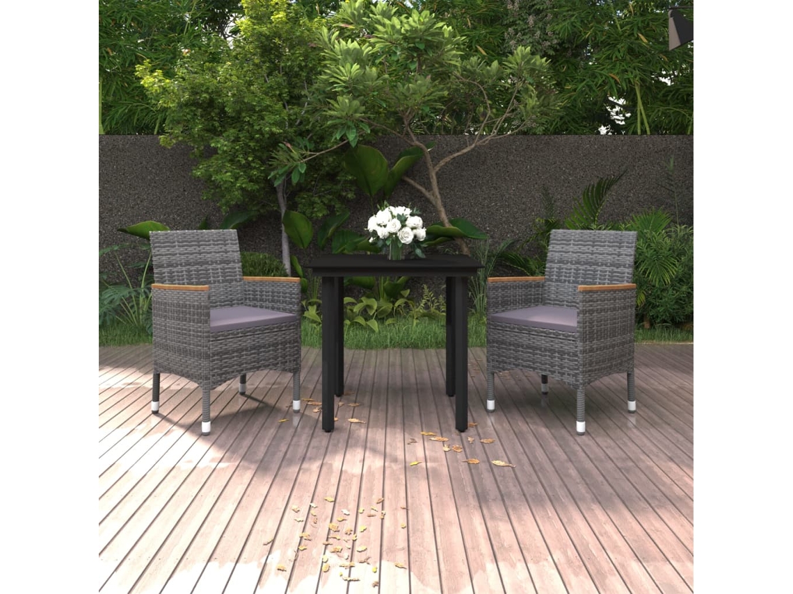 3 Pcs Conjunto De Jantar P/ Jardim C/ Almofadões Vime Pe/vidro Dkd Home Decor