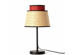 Candeeiro De Mesa Com Duplo Abajur Em Vime Natural E Tecido Vermelho, Base Metálica Preta, Design Moderno E Boémio, E27