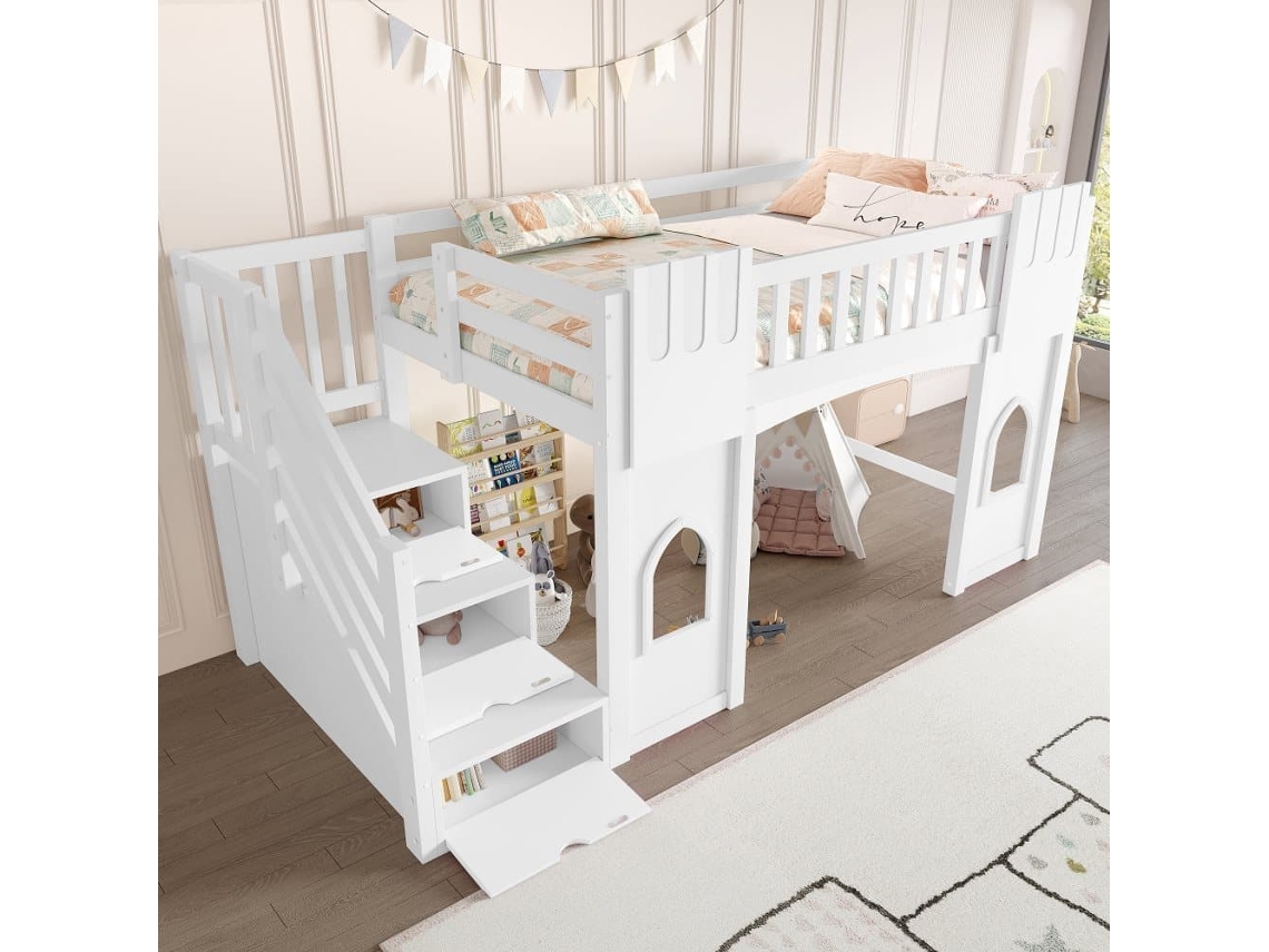 Cama Alta 90x200 - Com Escada Com Arrumação E Janela - Branco