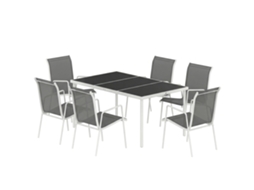 Conjunto mesa e cadeiras jardim cinza, 6 cadeiras respiráveis, mesa de vidro temperado | S/MARCA