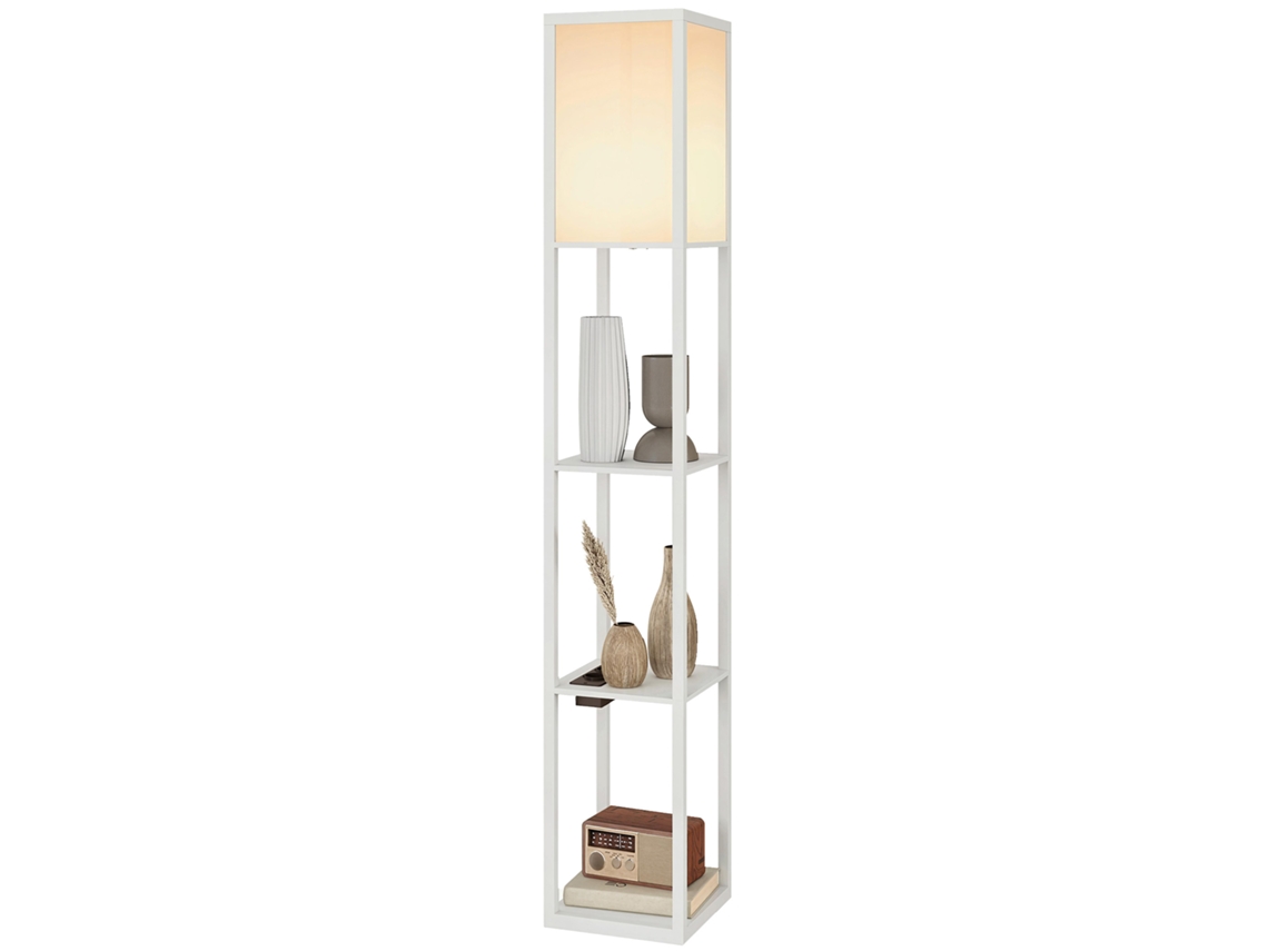 Abajur De Piso Com Prateleiras, Na Cor Branco, Com Luz Ajustável, Pedal E Portas Usb, Design Prático E Funcional