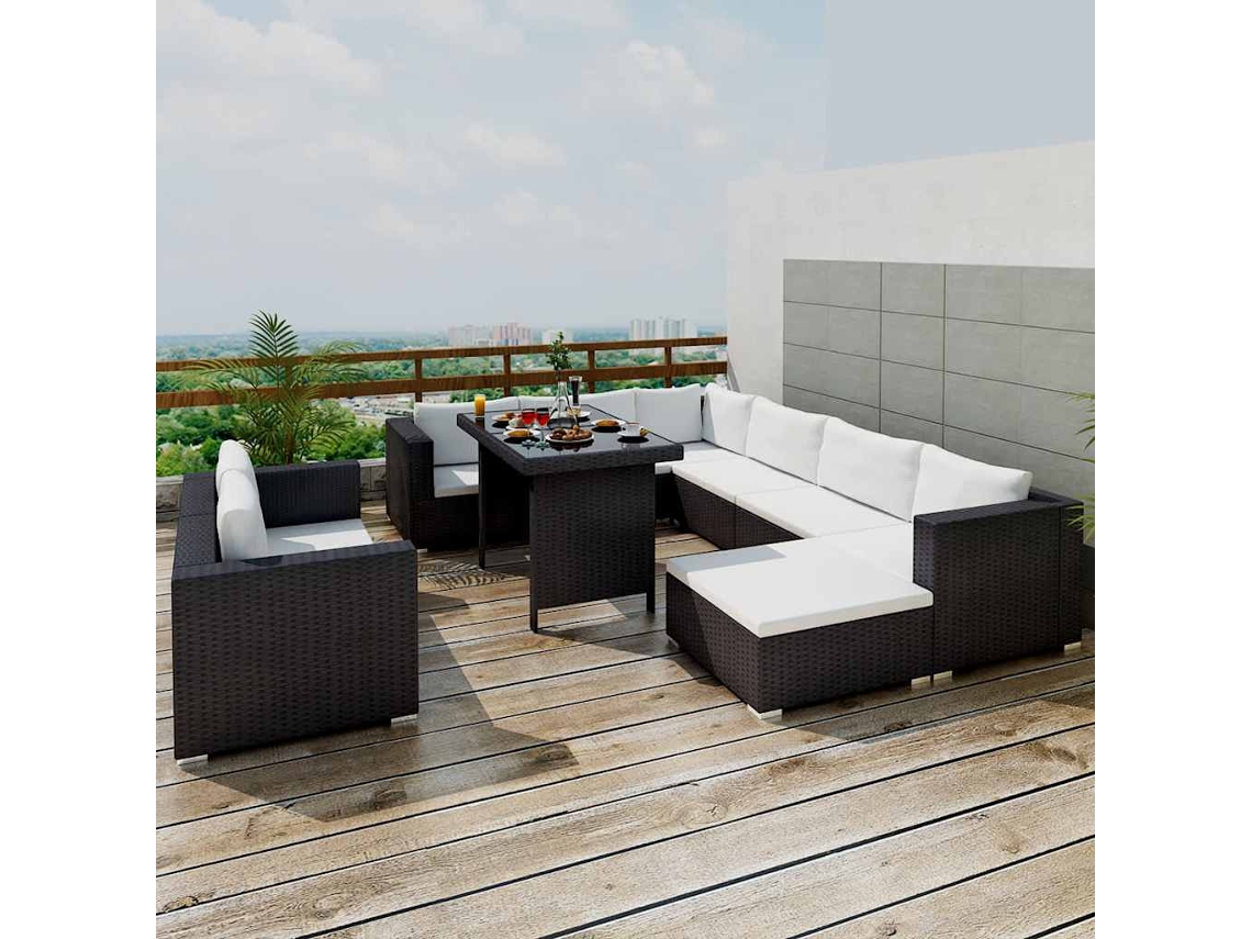 Vidaxl 10 Pcs Conjunto Lounge de Jardim C/ Almofadões Vime Pe Preto