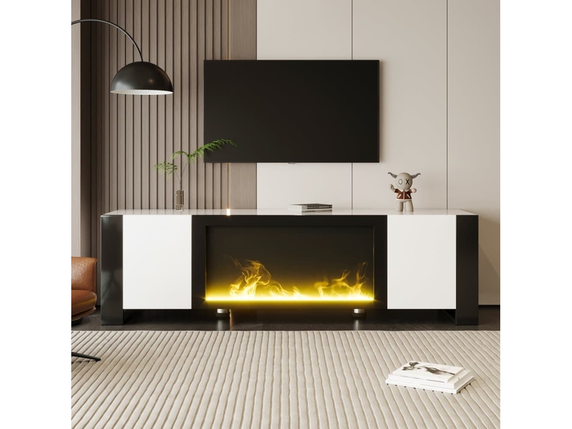 Móvel De Tv Com Lareira Elétrica - Efeito De Chama, Sem Função De Aquecimento, Alto Brilho - Branco+preto
