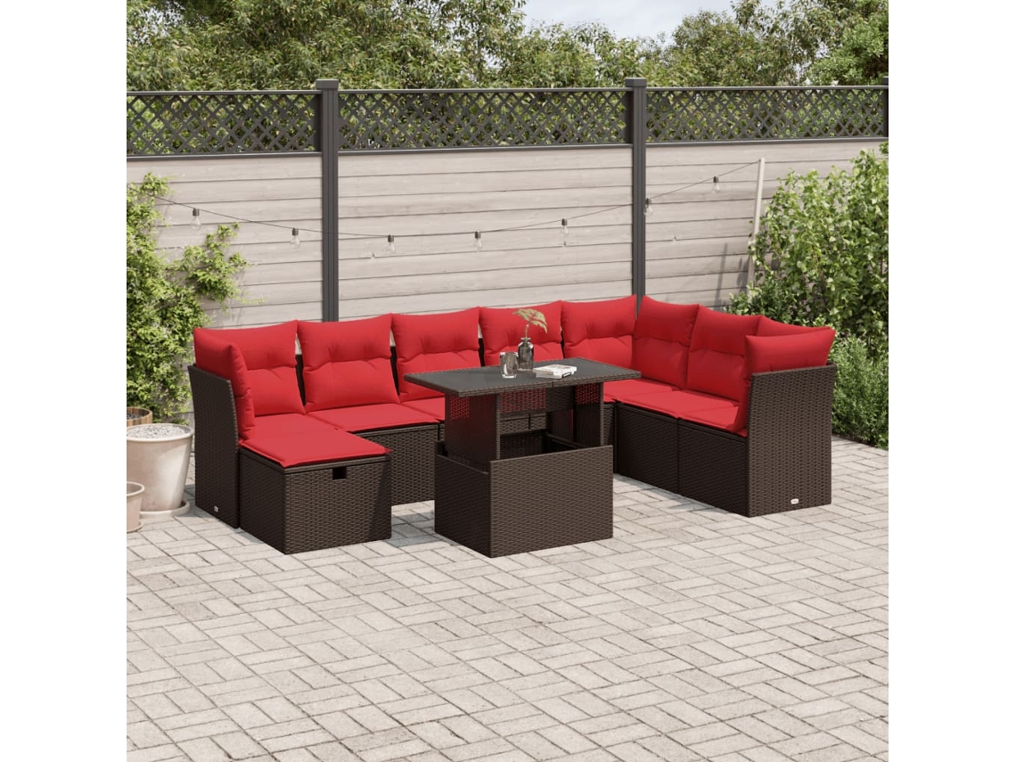 Vidaxl Conjunto De Sofá De Jardim Com 9 Peças E Almofadas Em Rattan Sintético Marrom