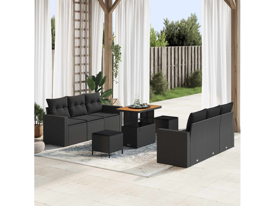 Vidaxl Conjunto De Sofá De Jardim Com Almofada Manual 9 Pcs Preto