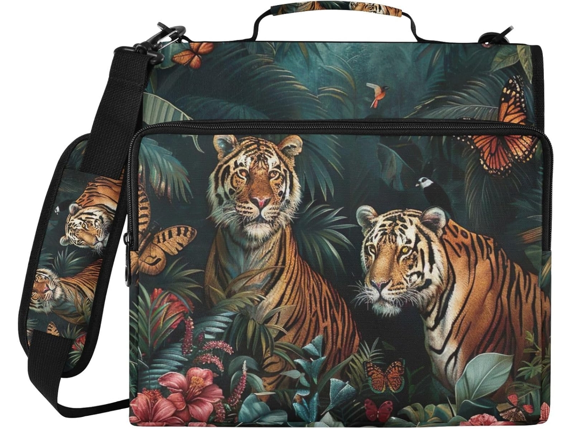 Organizador De Bolsa Com 3-argolas, Estampa De Tigres Da Selva, Compartimento Laptop E Resistente À Água
