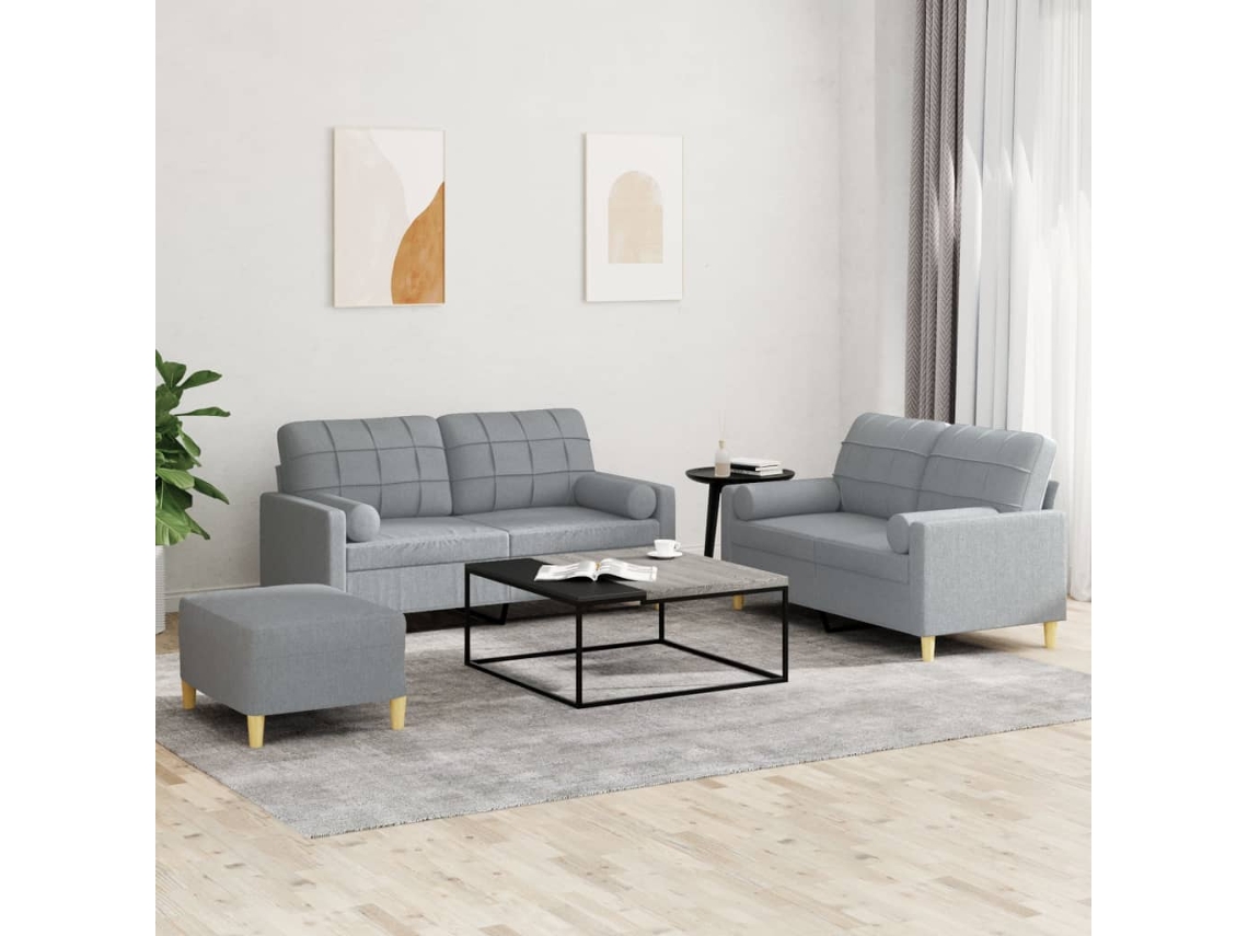 Vidaxl 3 Pcs Conjunto De Sofás Com Almofadas Tecido Cinzento-claro