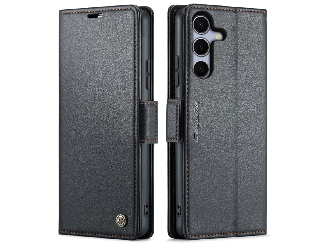 Capa Para Samsung Galaxy S25 Plus 5g De Couro Com Textura De Lichia E Fecho Borboleta Com Proteção E Sistema Rfid Antirroubo Preta
