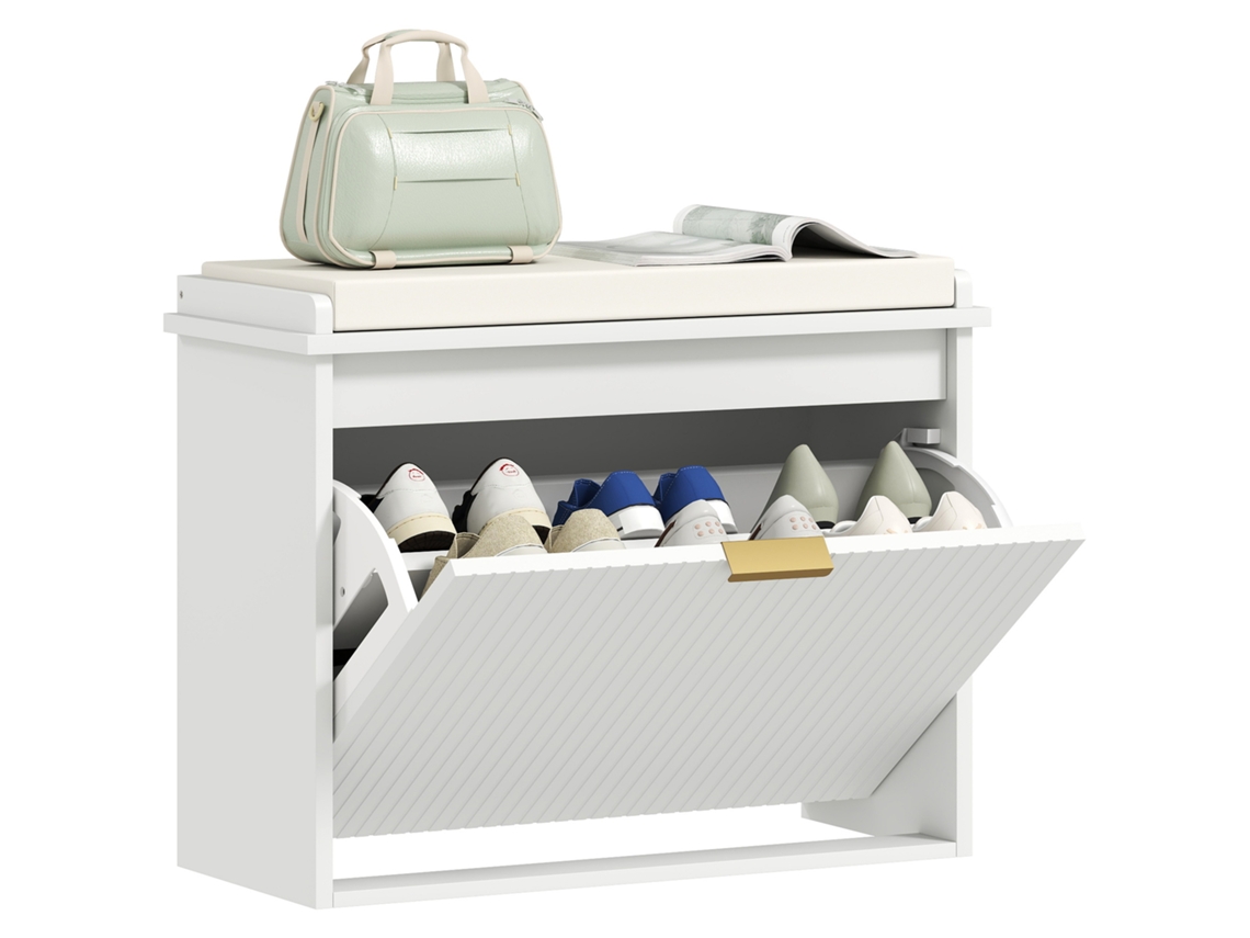 Banco para Sapatos com Almofada Estofada e Gaveta Dobrável para Corredor, Quarto,, 62 X 26 X 47,5 Cm Branco