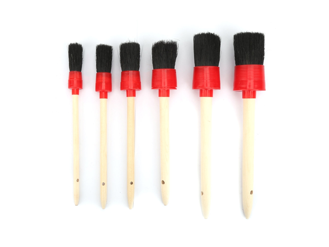 Conjunto De Escovas De Limpeza Com Cabo De Madeira Natural Para Lavagem De Carros, 6 Peças Redondas (1)
