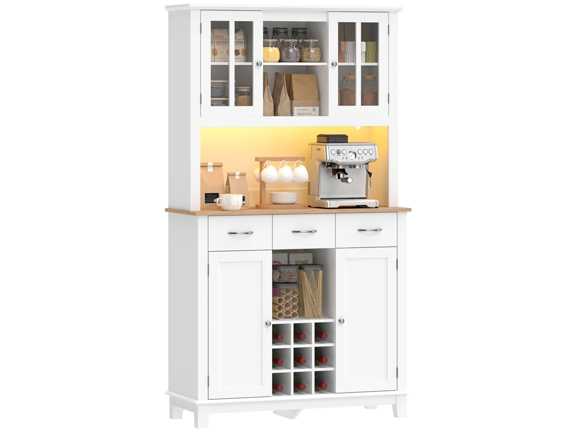 Despensa de Cozinha com Iluminação Led App Control Micro ondas Suporte de Garrafas Portas de Vidro Branco Ge