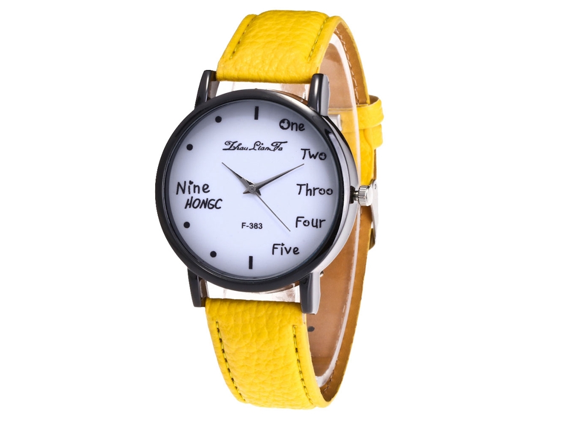 Relógio de pulso de quartzo para estudantes, esportivo, mostrador redondo amarelo.