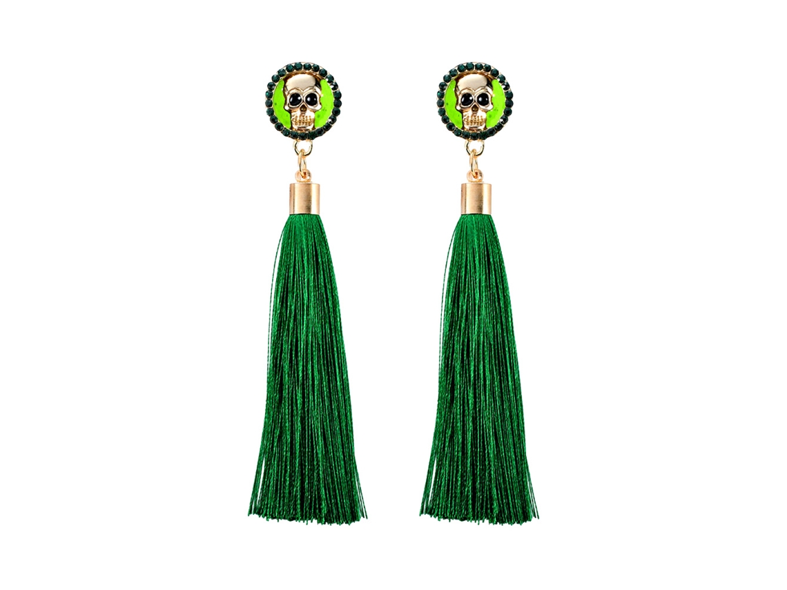 Brincos De Caveira Com Pingente Longo E Tassel Verde Moda