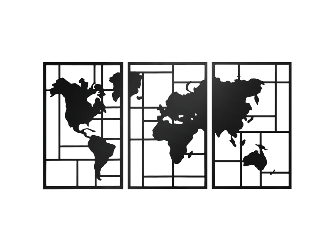Conjunto de 3 Decorações de Parede BTFORUS em Metal com Mapa Múndi Preto