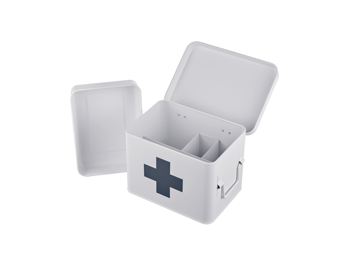 Relaxdays Caixa De Medicamentos, 4 Compartimentos, Divisória Amovível, Metal, Alças, Axlxp: 16 X 21 X 15,5 Cm, Branco