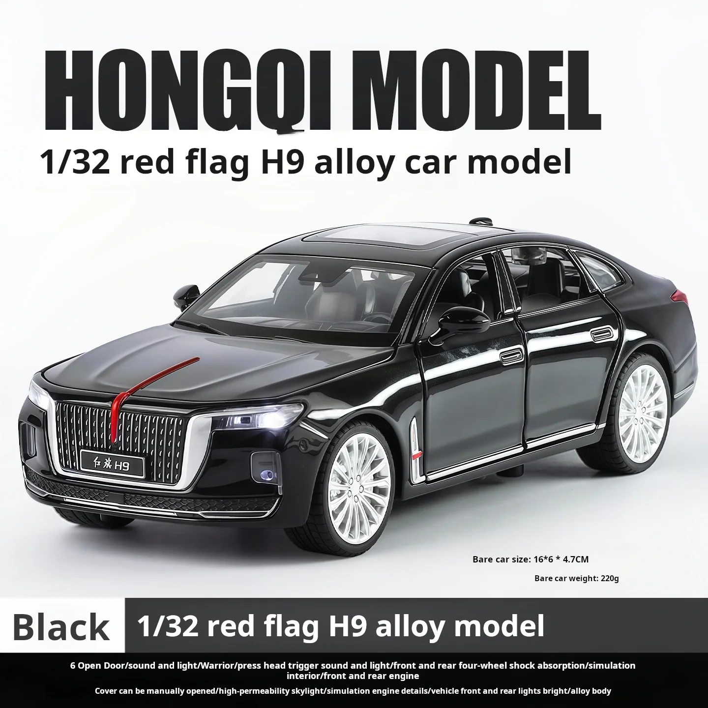 (preto) 1:32 Hongqi H9, Um Modelo De Carro De Brinquedo De Alta Qualidade Fabricado Na China Com Luzes E Efeitos Sonoros.