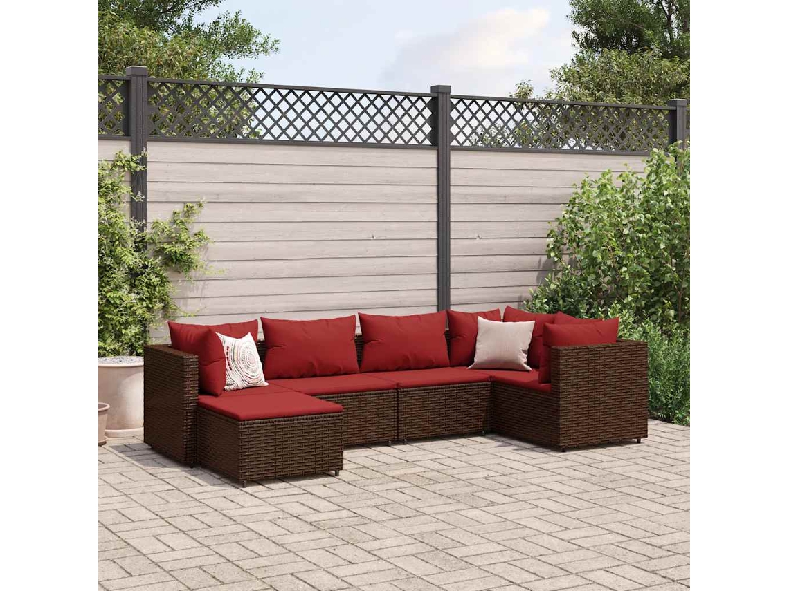 Vidaxl 6 Pcs Conj. Lounge Jardim C/ Almofadões 6 Pcs Vime Pe Castanho
