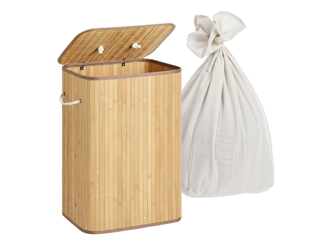 Cesto De Roupa Dobrável De Bambu Com 2 Compartimentos
