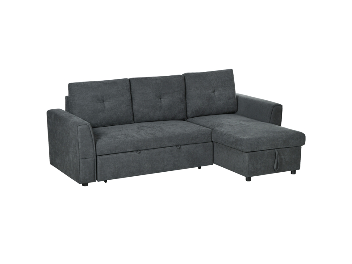 Sofá De Escuro 3 Lugares Com Função De Cama, Estofado, Cinza, Sofá-cama Com Chaise Longue
