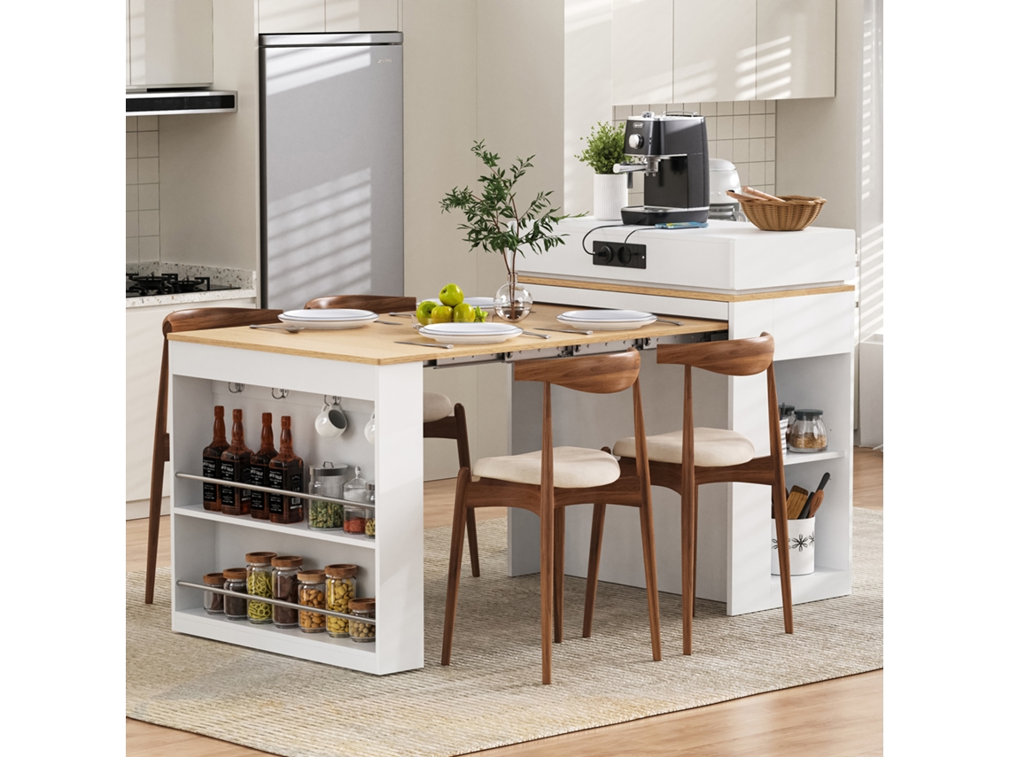 Ilha De Cozinha Com Rodízios, Mesa Extensível Com Tampo Rebatível, Mesa De Bar Com Tomadas E Ganchos