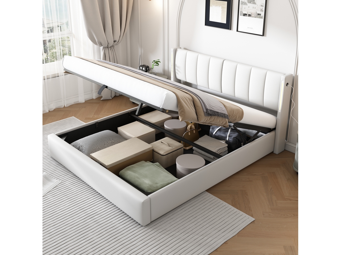 Cama Casal Branca 160x200cm Estofada, Pu, Led Binaural, Hidráulica, Usb, Cabeceira Ajustável. -op