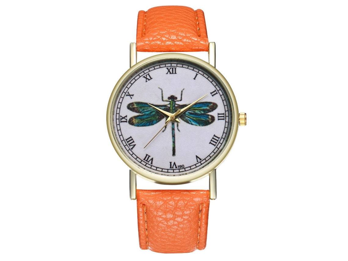 Relógio de pulso de quartzo com pulseira de couro PU, estampa animal e numerais romanos (laranja), unissex