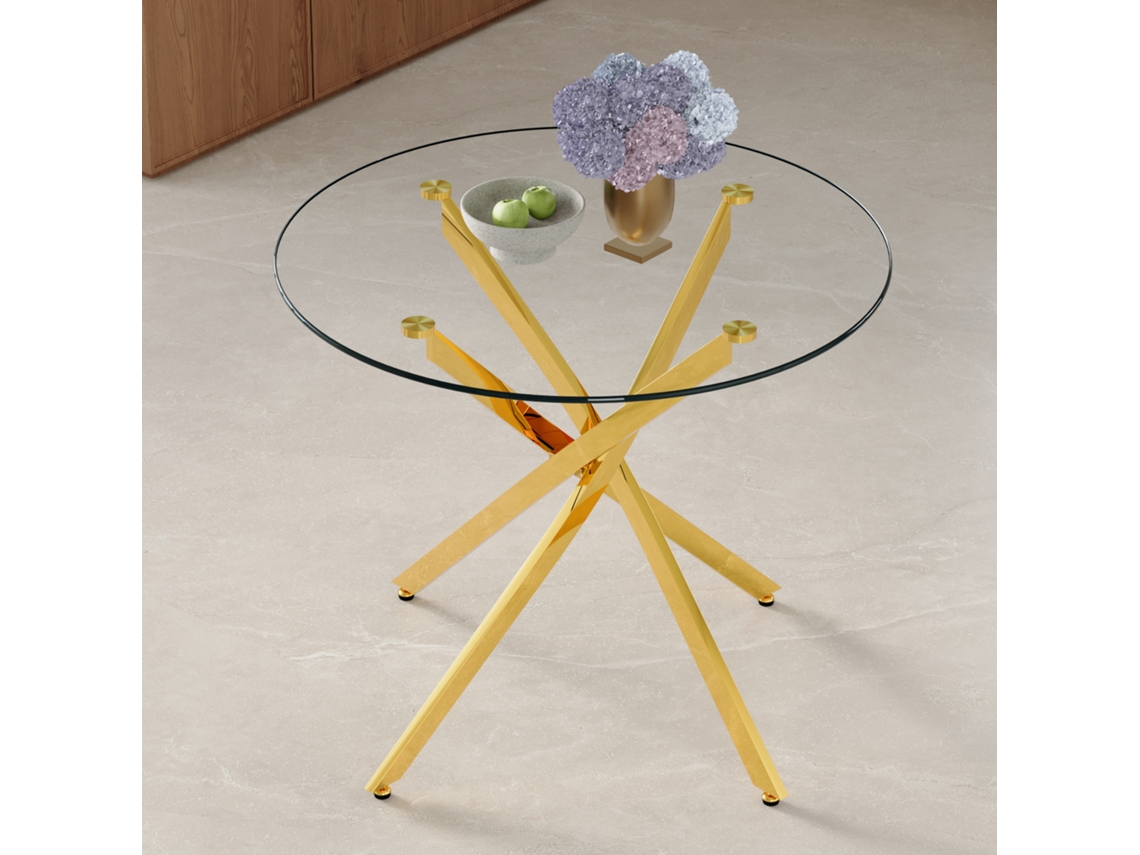 Mesa Redonda Vidro 88cm Dourada Minimalista 2 4p VELTRIX