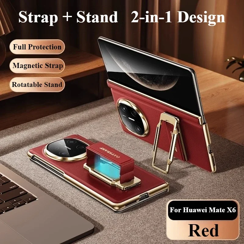 Capa Para Celular Em Couro Genuíno (huawei Mate X6 Vermelho) Com Design De Alça Dupla E Suporte Giratório De 360°.