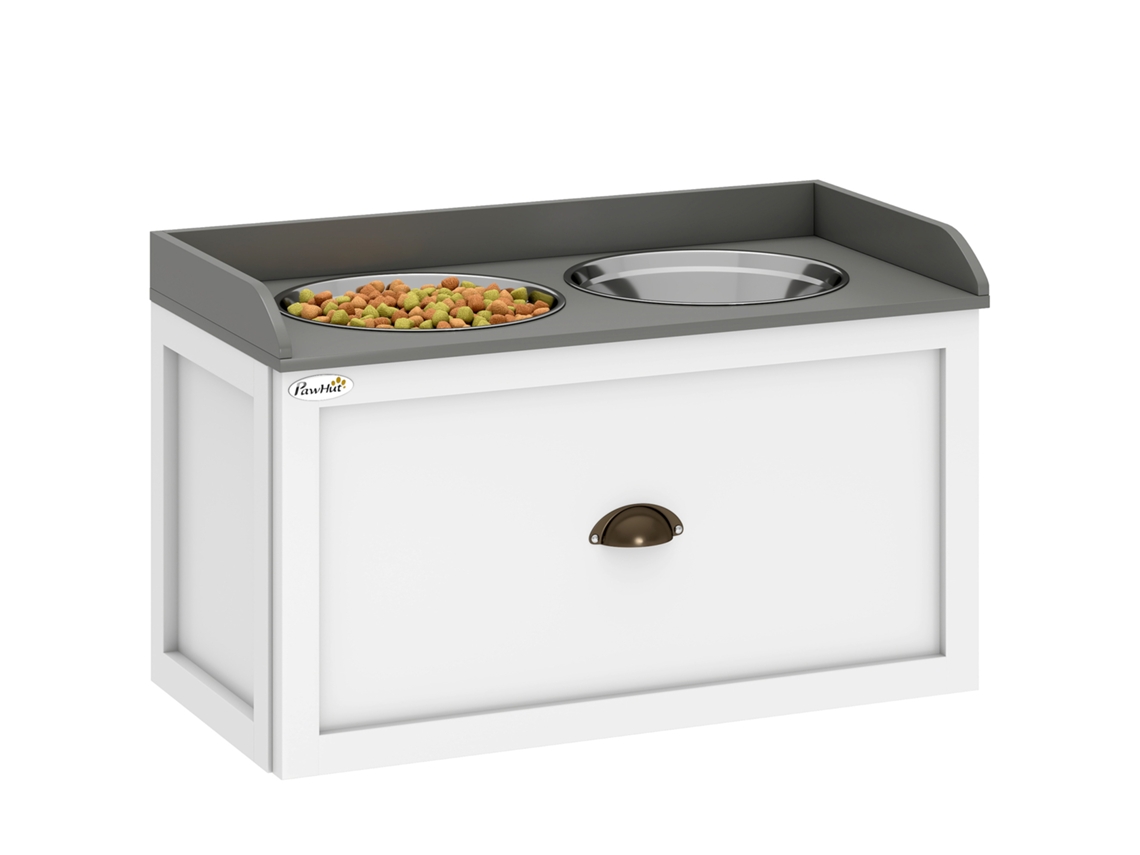 Tigelas Elevadas para Cães em Aço Inoxidável e Madeira com Gaveta, 60x30x36cm, Branco e Cinza. VELTUS TRADE