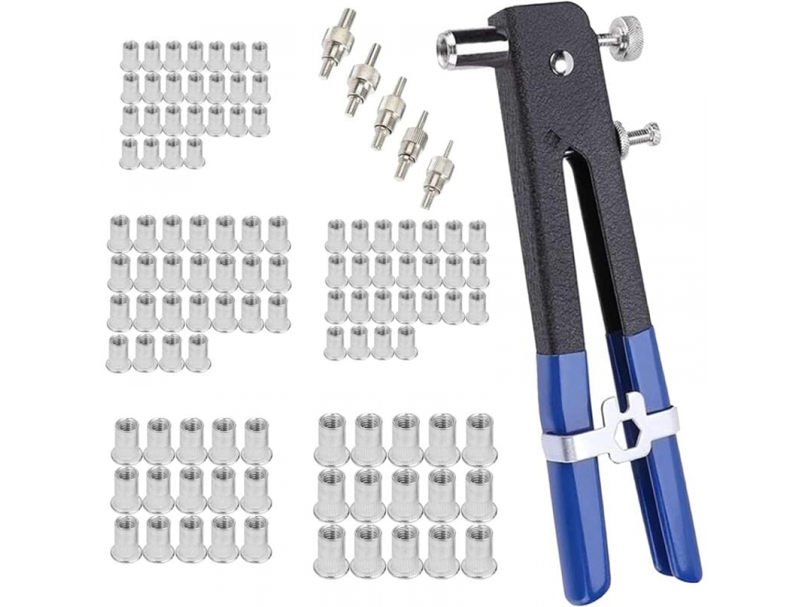 Kit De Pistola De Rebitagem Em Rede Com 86 Peças, Incluindo 5 Mandris M3, M4, M5, M6 E M8. Inclui Também Alicate Para Rebitagem E Inserto Roscado.
