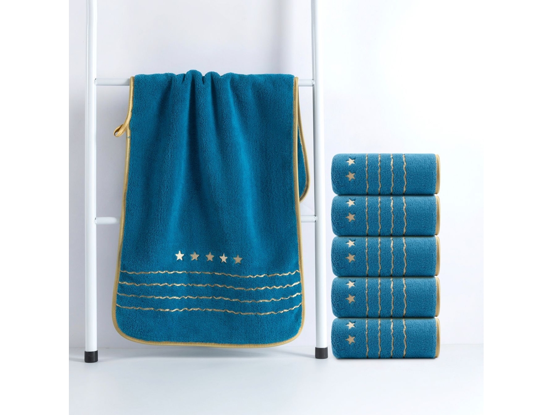 Toalha de Lã Coral Macia e Absorvente com Bordado de Estrela Dourada 6 Peças,azul Pavão,35x75cm GERTIZ
