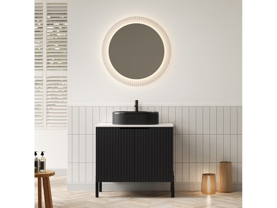 Lavatório 76cm, Cuba Oval Preta Listrada, Tampo Carrara Branco, Armário Preto 2 Portas.