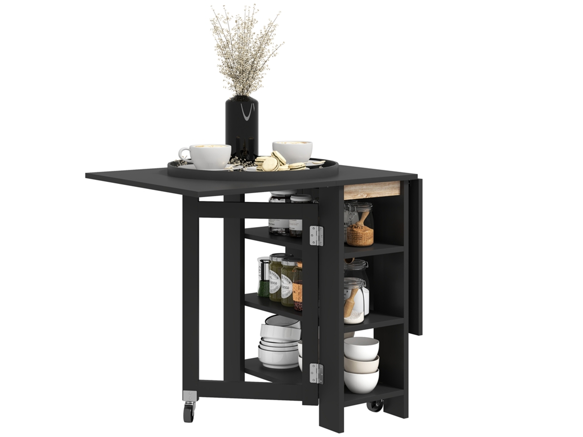 Mesa De Cozinha Dobrável Com Abas Extensíveis, 2 Rodas E Prateleiras, Estilo Moderno, 120x60x75 Cm, Preta.