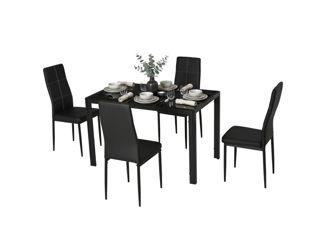 Conjunto de Refeição com Mesa Retangular de Vidro Temperado e 4 Cadeiras Estofadas em Pu com Pés de Metal Preto pt