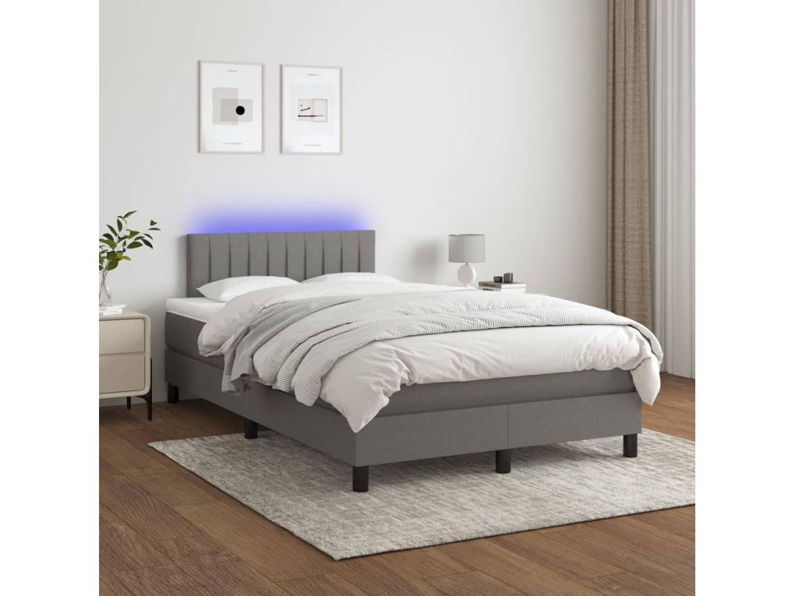 Vidaxl Cama Box Spring C/ Colchão E Led 120x200 Cm Tecido Cinza-escuro