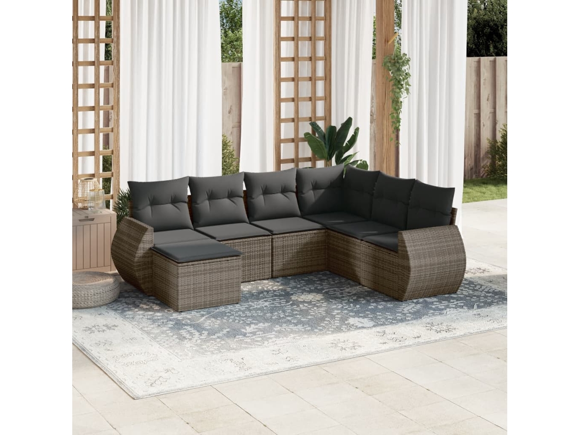 Vidaxl 7 Pcs Conjunto Sofás P/ Jardim C/ Almofadões Vime Pe Cinzento
