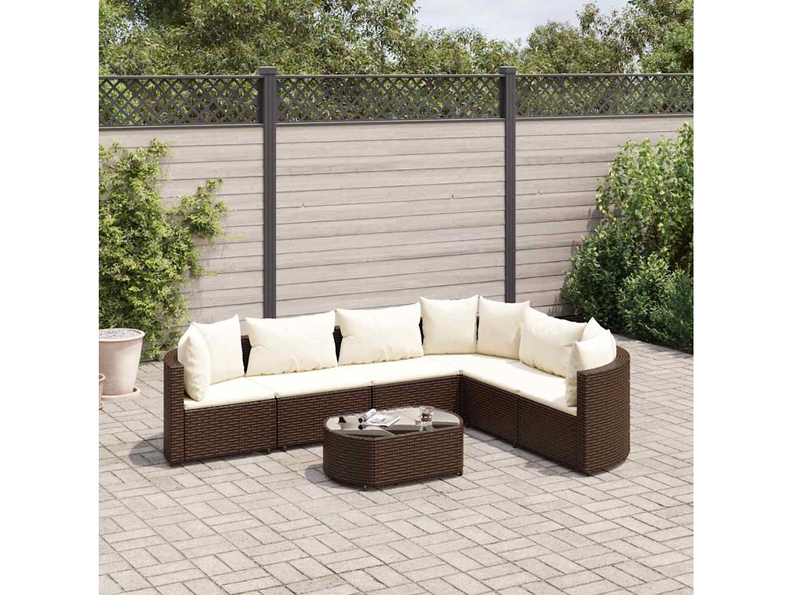 Vidaxl 7 Pcs Conjunto De Sofás Jardim C/ Almofadões Vime Pe Castanho