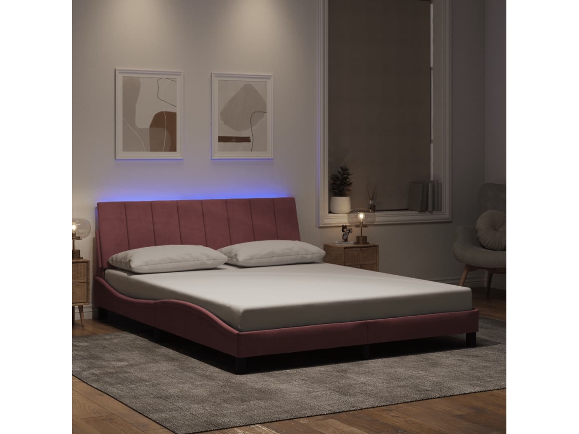 Vidaxl Estrutura De Cama Com Led Sem Colchão Hanko 160x200 Cm Veludo Rosa