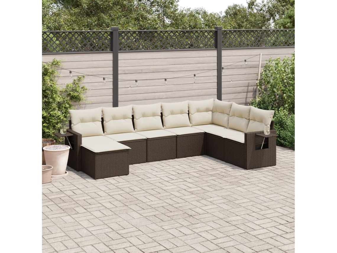 Vidaxl 8 Pcs Conjunto Sofás De Jardim C/ Almofadões Vime Pe Castanho