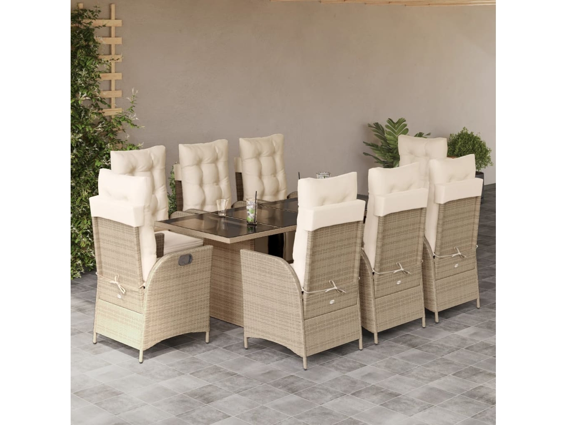Vidaxl 9 Pcs Conjunto De Jantar P/ Jardim Com Almofadões Vime Pe Bege